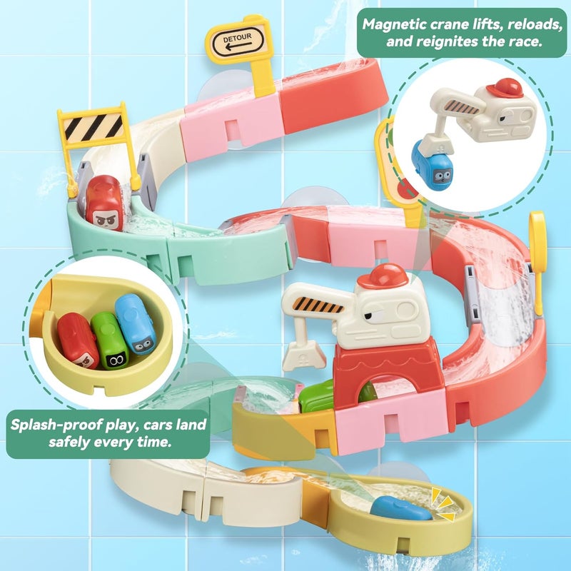 Aprilwolf Store Car Slide Bath Toys for Kids Ages 4-8, Wall Track Building Set for 3-5 Year Old, Fun DIY Kit Bathtub Time Birthday Gift for Toddler Boys & Girls (37 PCS) - Image 4